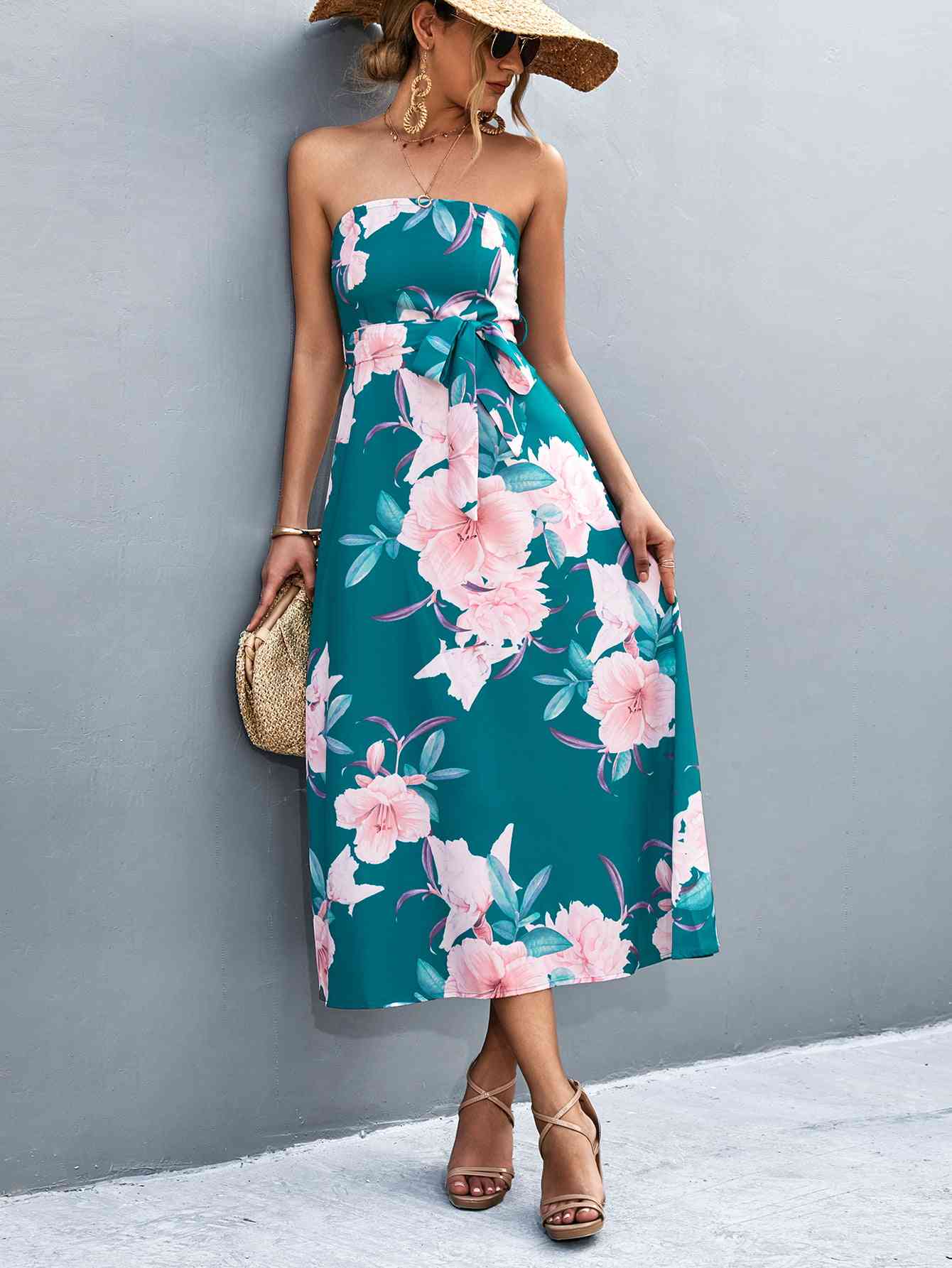 Floral Print Tie Waist Straight Neck Midi Dress