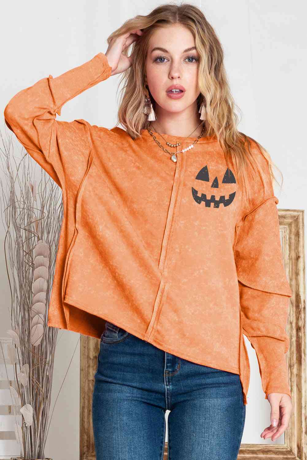 Blouse graphique Jack-O'-Lantern à manches longues et col rond