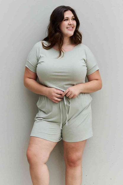 Zenana Chilled Out Full Size Short Sleeve Romper in Light Sage