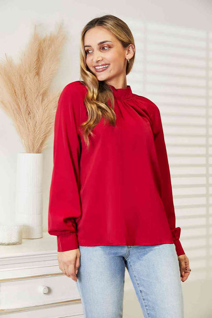 Double Take Cutout Gathered Detail Mock Neck Top