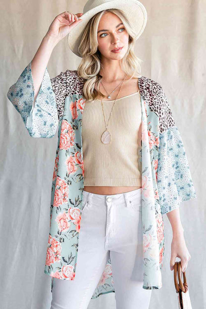 Cardigan floral à manches trois-quarts et imprimé animal