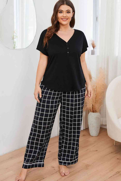 Conjunto de salón con pantalón a cuadros y top con cuello en V de talla grande