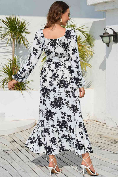 Robe longue à manches longues et col en V imprimé floral