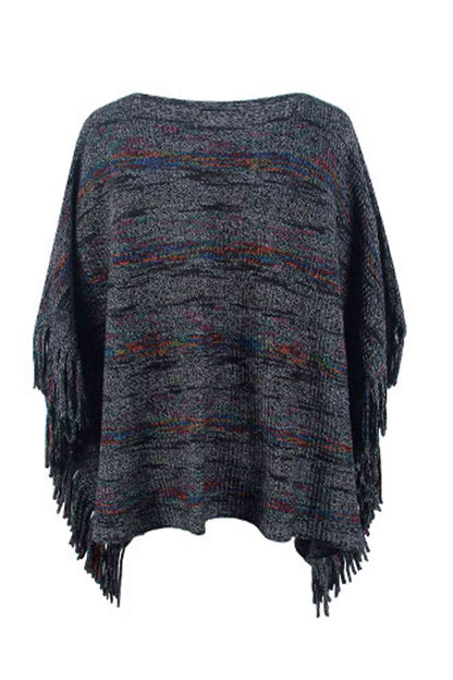 Poncho à manches et détails de franges à col rond