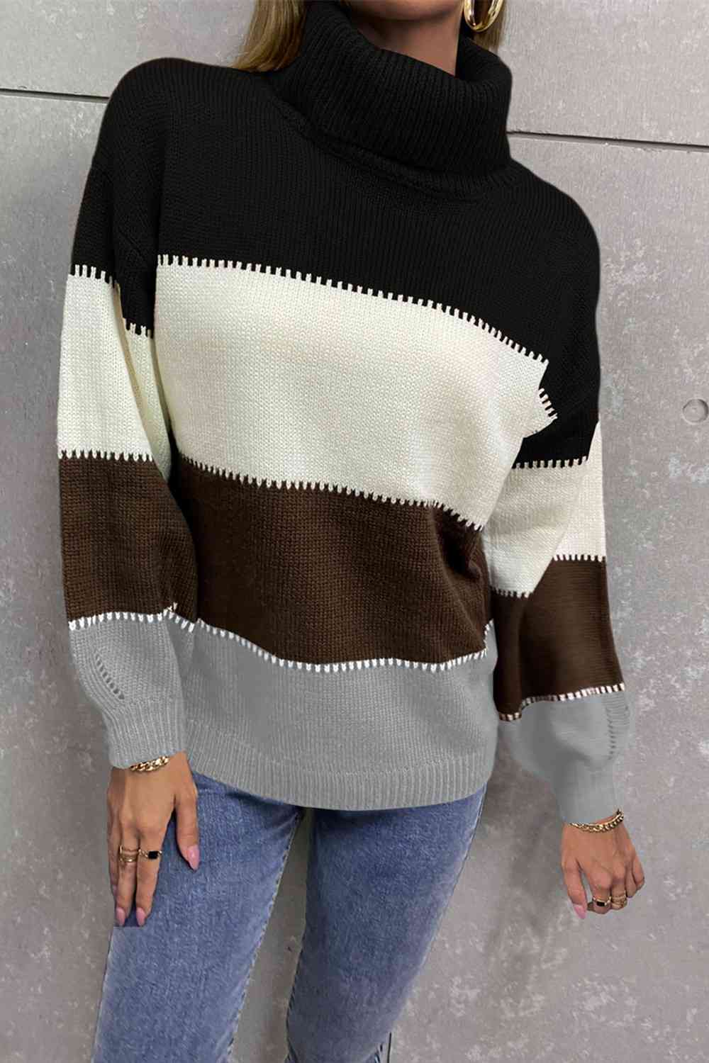 Color Block Lantern Sleeve Turtleneck Sweater