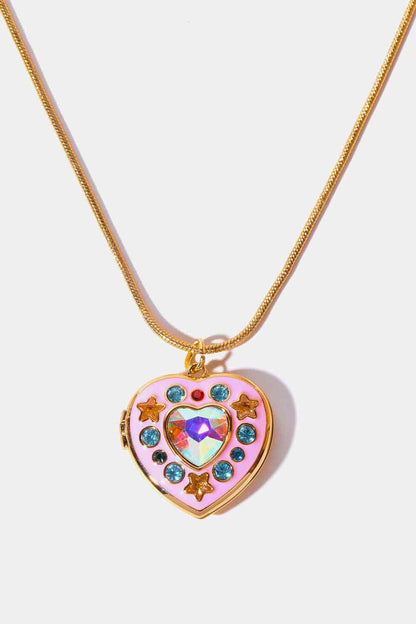 Collier pendentif boîte coeur décor strass