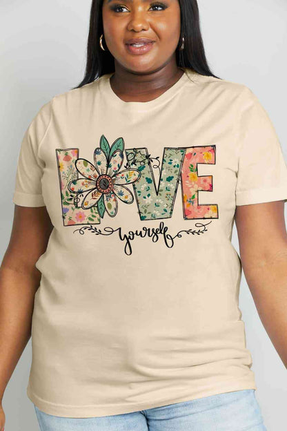 Camiseta de algodón con gráfico LOVE YOURSELF de tamaño completo de Simply Love