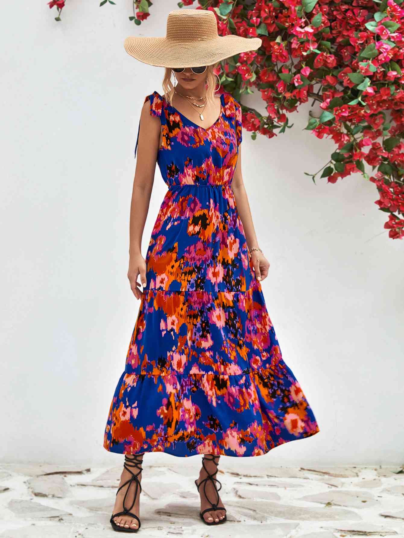 Robe midi multicolore dos nu à col en V