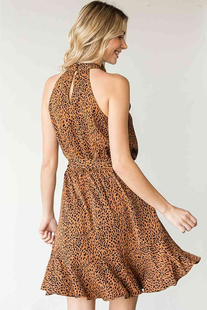 First Love Full Size Leopard Belted Sleeveless Dress