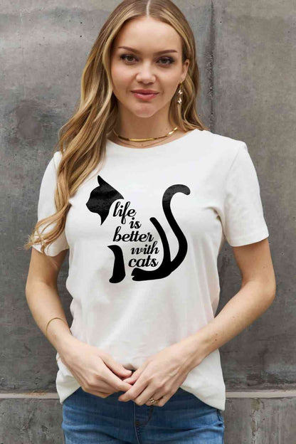 Simply Love Simply Love Taille réelle LA VIE EST MEILLEURE AVEC LES CHATS T-shirt en coton graphique