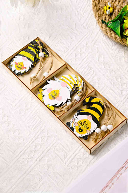 Paquete de 3 adornos de gnomos de madera de abeja