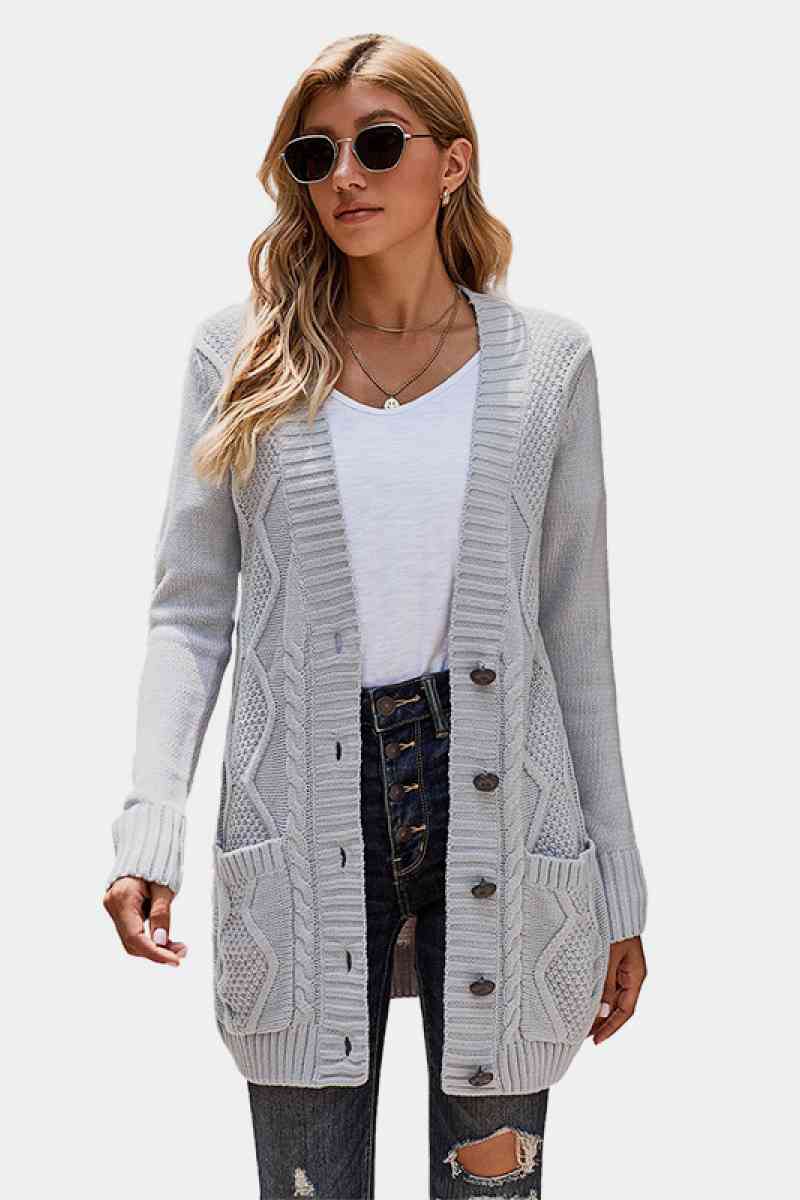 Woven Right Button Pocket Cable Knit Cardigan