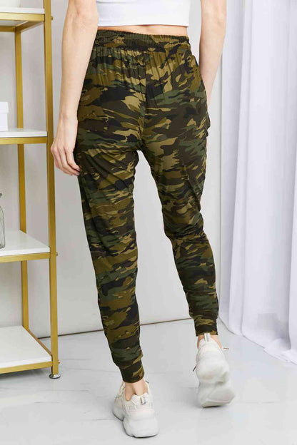 Leggings Depot Full Size Camouflage Drawstring Waist Zipper Detail Joggers