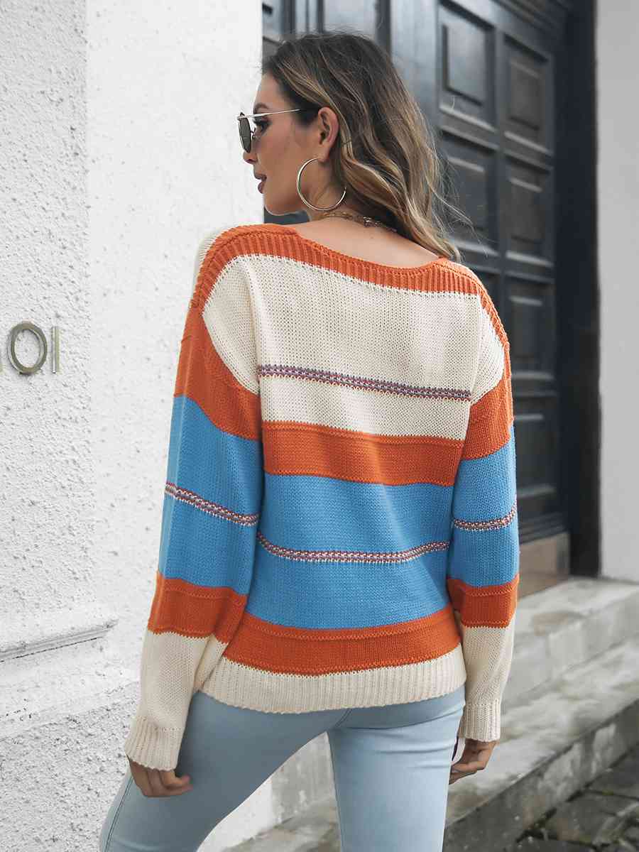Striped V-Neck Drop Shoulder Sweater