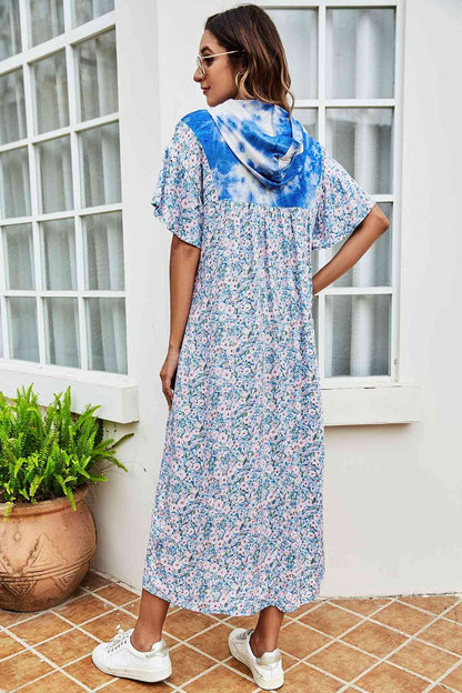 Tie-Dye Floral Flutter Sleeve Hooded Dress